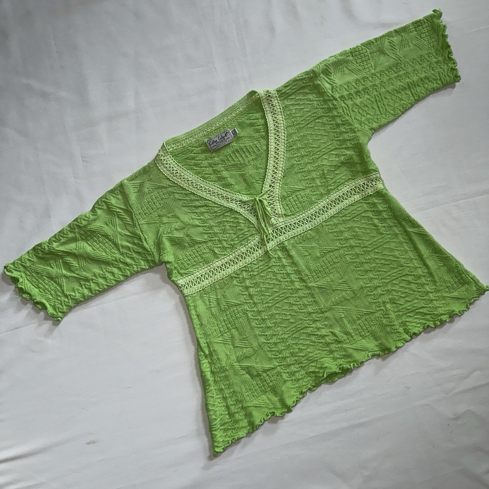 Peruvian Cotton Salsa Green Textured Short Sleeve Sweater Size L Made in Peru